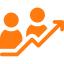 A orange pixel art icon of two people and an arrow.